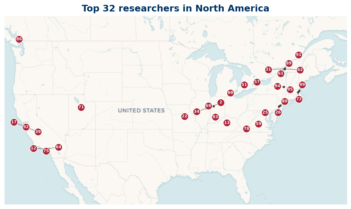 Map of North America Top 100 researchers