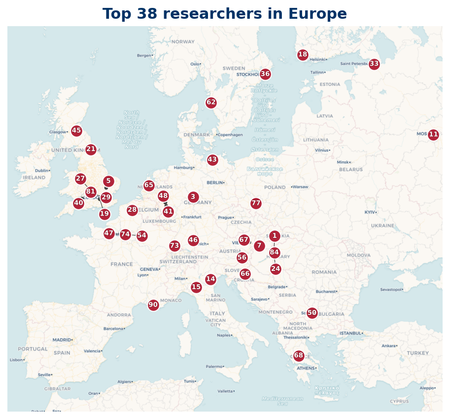 Map of Europe Top 100 researchers