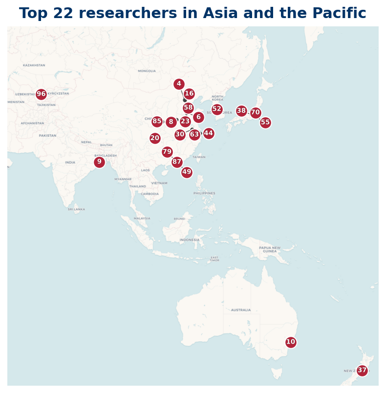 Map of Asia and the Pacific Top 100 researchers
